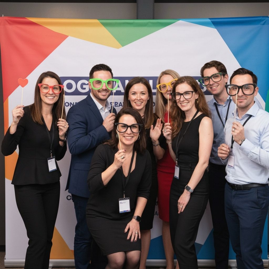 Corporate event photo booth with branded backdrop